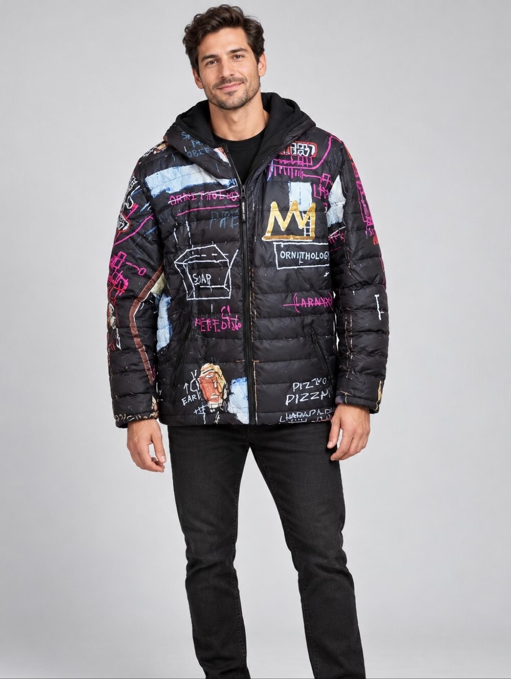 Members Only Mens Black Jean-Michel Basquiat Graphic Puffer Jacket